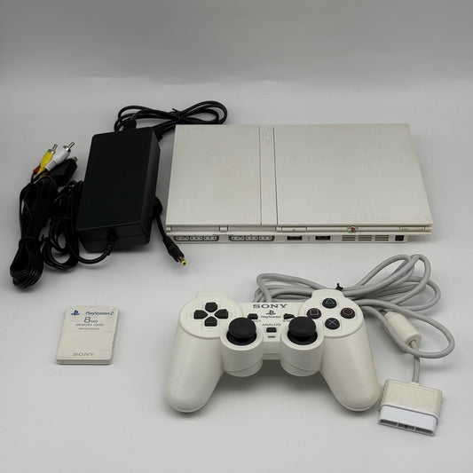 Sony PlayStation 2 PS2 Slim White Console Controller, Memory, Cables Region Free0