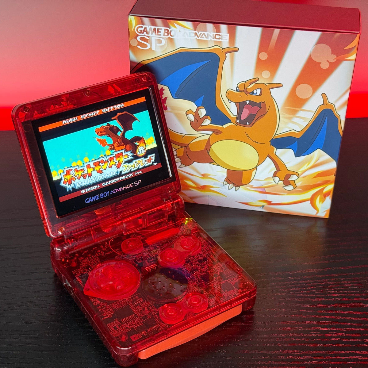 Clear Red Custom Poké Charizard Game Boy Advance GBA SP IPS Console w/Gift Box