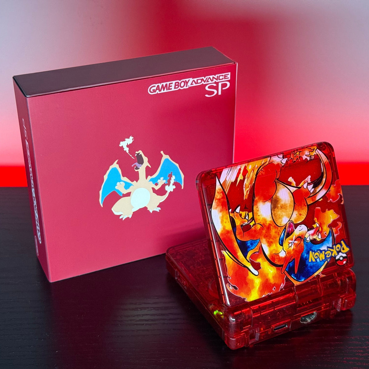 Clear Red Custom Poké Charizard Game Boy Advance GBA SP IPS Console w/Gift Box