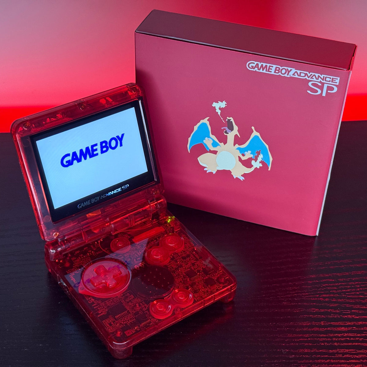 Clear Red Custom Poké Charizard Game Boy Advance GBA SP IPS Console w/Gift Box